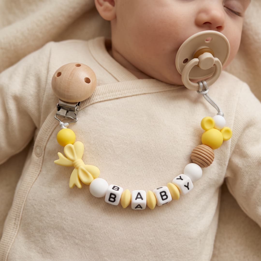 Baby Food Yellow - Silicone Baby Teether Holder Custom Name