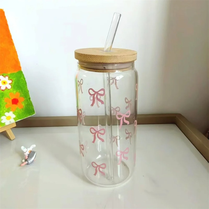 1pc Cute Bow Glass Cup 500ml T - Training Cup Straw review and price